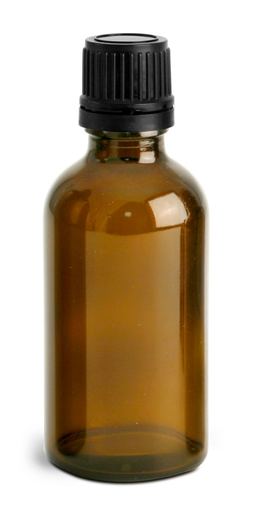 50 ml Amber Euro Dropper Bottles w/ Black Tamper Evident Caps and Orifice Reducers