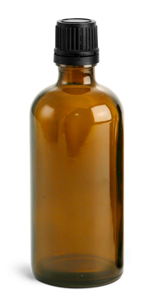 100 ml Amber Euro Dropper Bottles w/ Black Tamper Evident Caps and Orifice Reducers