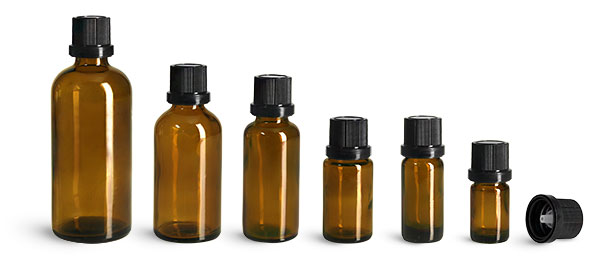 Glass Bottles, Amber Glass Euro Dropper Bottles w/ Black Tamper Evident Caps and Orifice Reducers