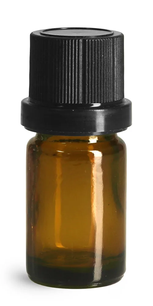 5 ml Glass Bottles, Amber Glass Euro Dropper Bottles w/ Black Tamper Evident Caps and Dropper Inserts