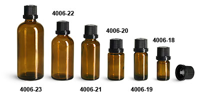 Glass Bottles, Amber Glass Euro Dropper Bottles w/ Black Tamper Evident Caps and Orifice Reducers