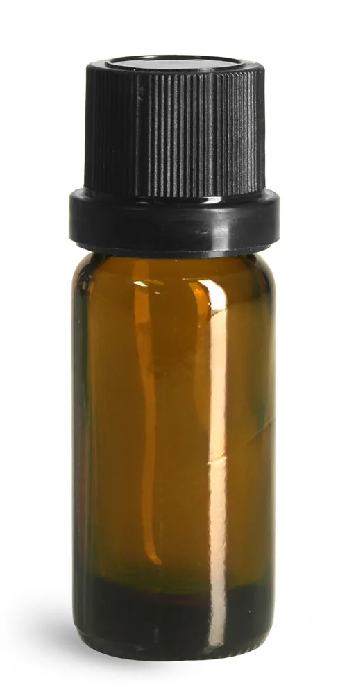 10 ml Glass Bottles, Amber Glass Euro Dropper Bottles w/ Black Tamper Evident Caps and Dropper Inserts