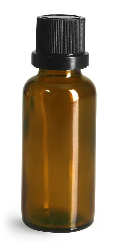 30 ml Glass Bottles, Amber Glass Euro Dropper Bottles w/ Black Tamper Evident Caps and Dropper Inserts