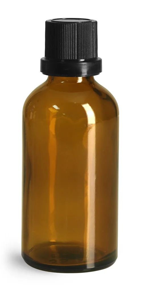 50 ml Glass Bottles, Amber Glass Euro Dropper Bottles w/ Black Tamper Evident Caps and Dropper Inserts