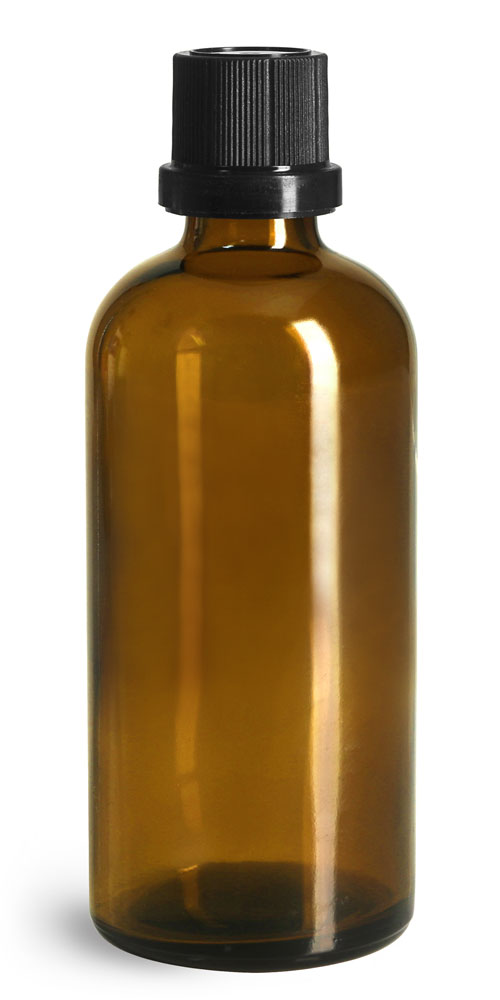 100 ml Glass Bottles, Amber Glass Euro Dropper Bottles w/ Black Tamper Evident Caps and Dropper Inserts