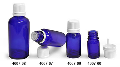 Original Blue Glass Euro Droppers w/ White Tamper Evident Caps and Orifice Reducers