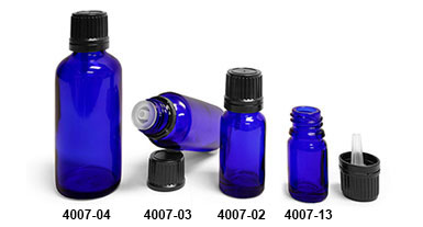Original Blue Glass Euro Dropper Bottles w/ Black Tamper Evident Caps and Orifice Reducers