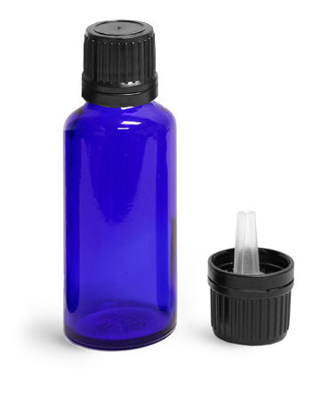 Blue Glass Bottles, Euro Dropper Bottles w/ Black Tamper Evident Caps & Orifice Reducers