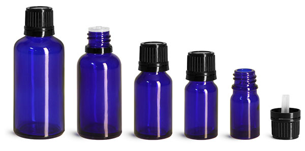 Blue Glass Euro Dropper Bottles w/ Black Tamper Evident Caps & Orifice Reducer 