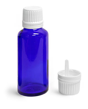 Blue Glass Bottles, Euro Dropper Bottles w/ White Tamper Evident Caps and Orifice Reducers