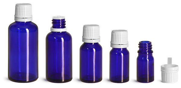 Blue Glass Bottles, Euro Dropper Bottles w/ White Tamper Evident Caps & Orifice Reducer