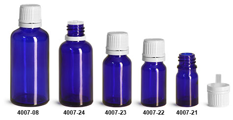 Glass Bottles, Blue Glass Euro Dropper Bottles w/ White Tamper Evident Caps & Orifice Reducer