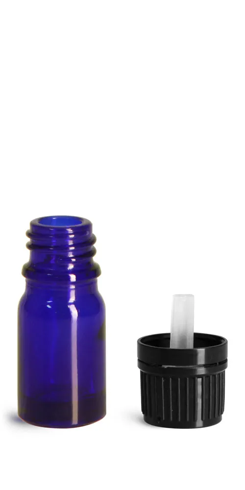 5 ml Glass Bottles, Cobalt Blue Glass Euro Dropper Bottles w/ Black Tamper Evident Caps & Orifice Reducer