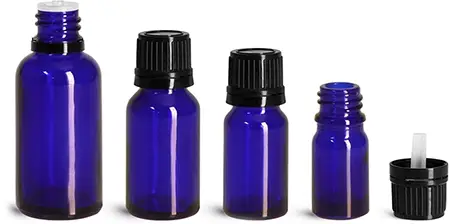 Blue Glass Bottles, Euro Dropper Bottles w/ Black Tamper Evident Caps & Orifice Reducer 