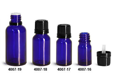 Glass Bottles, Blue Glass Euro Dropper Bottles w/ Black Tamper Evident Caps & Orifice Reducer