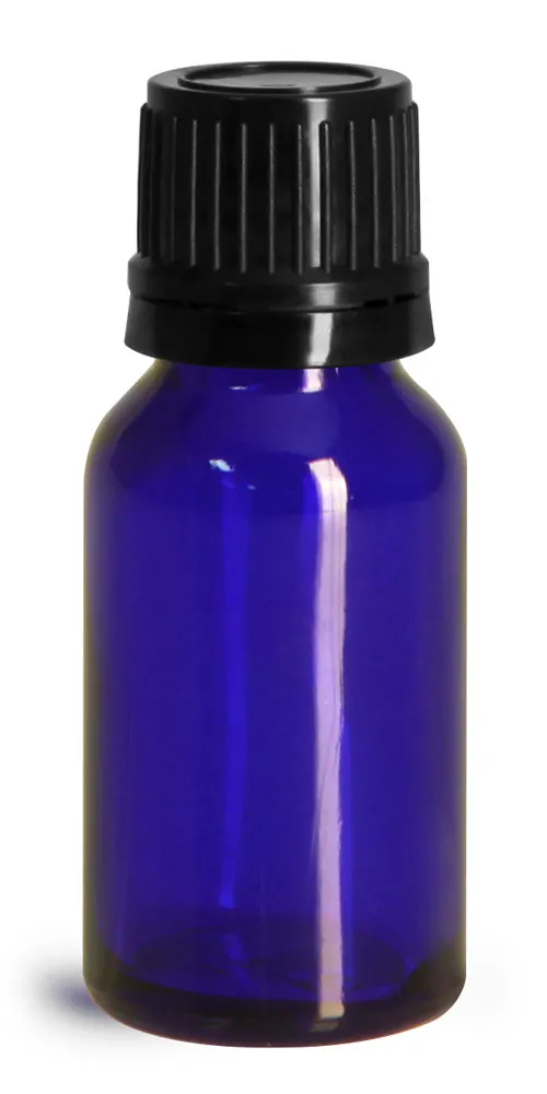 15 ml Glass Bottles, Cobalt Blue Glass Euro Dropper Bottles w/ Black Tamper Evident Caps & Orifice Reducer