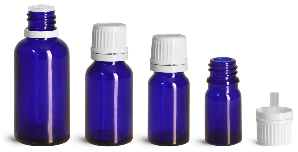 Blue Glass Bottles, Euro Dropper Bottles w/ White Tamper Evident Caps & Orifice Reducer
