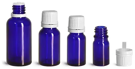 Blue Glass Bottles, Euro Dropper Bottles w/ White Tamper Evident Caps & Orifice Reducer
