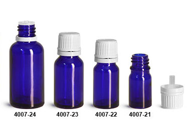 Glass Bottles, Blue Glass Euro Dropper Bottles w/ White Tamper Evident Caps & Orifice Reducer