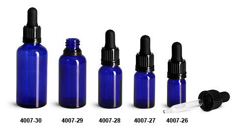 Glass Bottles, Blue Glass Euro Dropper Bottles w/ Black Tamper Evident Bulb Droppers