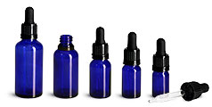 Blue Glass Euro Dropper Bottles w/ Black Tamper Evident Bulb Droppers