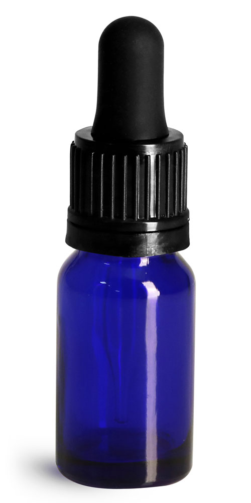 10 ml Glass Bottles, Cobalt Blue Glass Euro Dropper Bottles w/ Black Tamper Evident Bulb Droppers