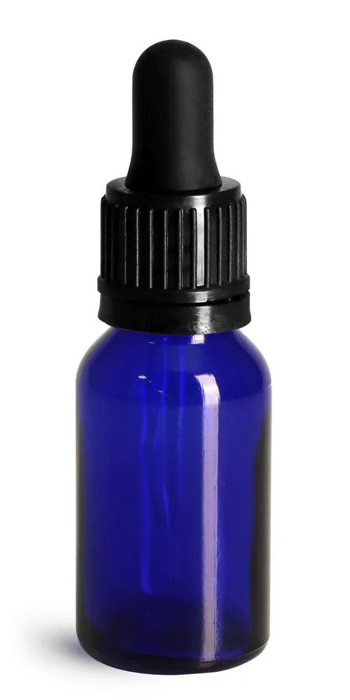 15 ml Glass Bottles, Cobalt Blue Glass Euro Dropper Bottles w/ Black Tamper Evident Bulb Droppers