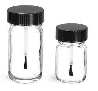Glass Bottles, Clear Pharmaceutical Round Bottles w/ Black Brush Caps