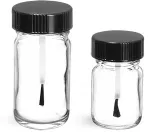 Glass Bottles, Clear Pharmaceutical Round Bottles w/ Black Brush Caps