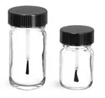 Glass Bottles, Clear Pharmaceutical Round Bottles w/ Black Brush Caps