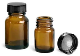 120 cc Amber Glass Pharmaceutical Round Bottles w/ Lined Black Phenolic Caps