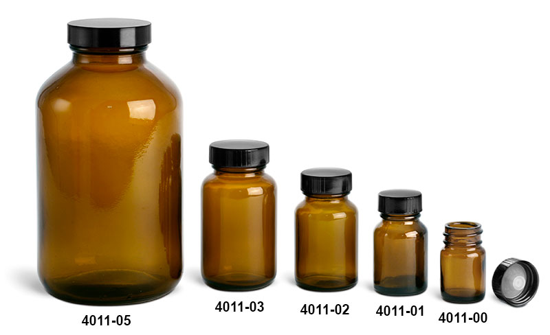 Glass Bottles, Amber Pharmaceutical Round Bottles w/ Lined Black Phenolic Caps