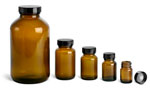 Amber Glass Pharmaceutical Round Bottles w/ Lined Black Phenolic Caps