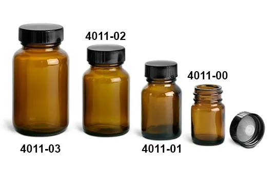 Amber Pharmaceutical Round Bottles w/ Lined Black Phenolic Caps
