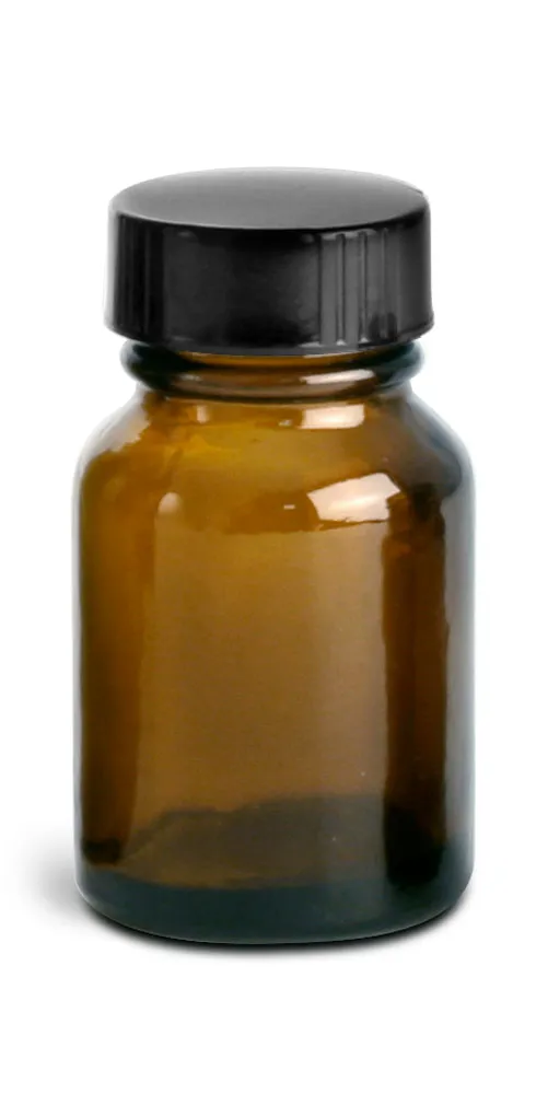 30 cc Amber Glass Pharmaceutical Round Bottles w/ Lined Black Phenolic Caps