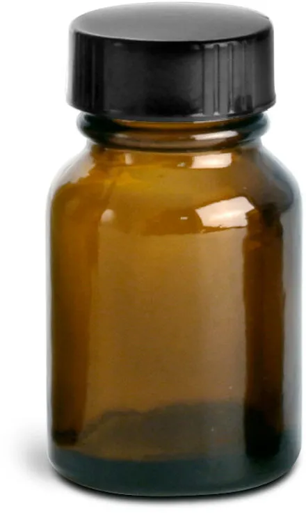 15 cc Amber Glass Pharmaceutical Round Bottles w/ Lined Black Phenolic Caps