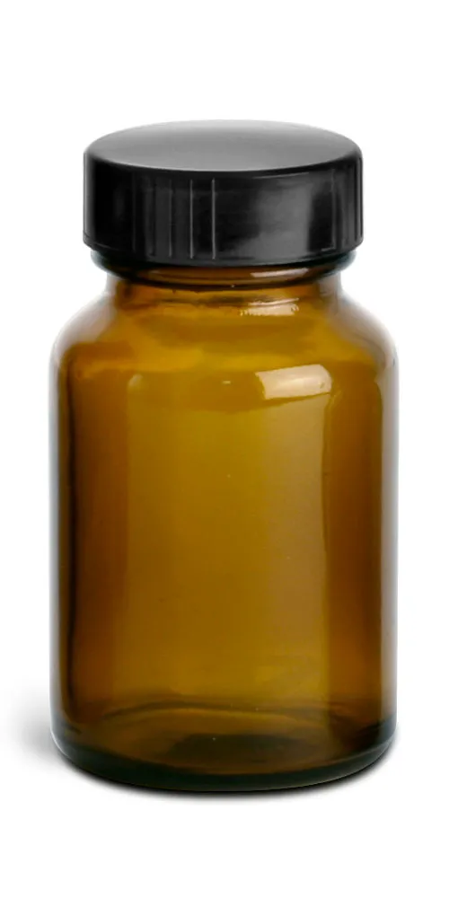 60 cc Amber Glass Pharmaceutical Round Bottles w/ Lined Black Phenolic Caps