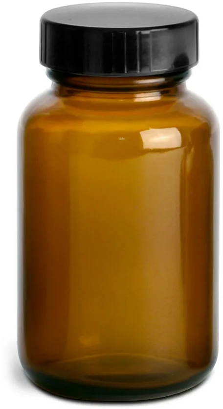 60 cc 60 cc Amber Glass Pharmaceutical Round Bottles w/ Lined Black Phenolic Caps