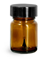 Glass Bottles, Amber Pharmaceutical Round Bottles w/ Black Brush Caps