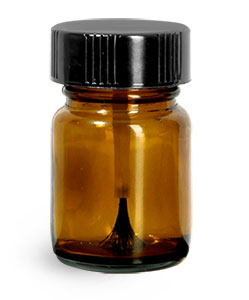 Amber Glass Bottles, Pharmaceutical Round Bottles w/ Black Brush Caps