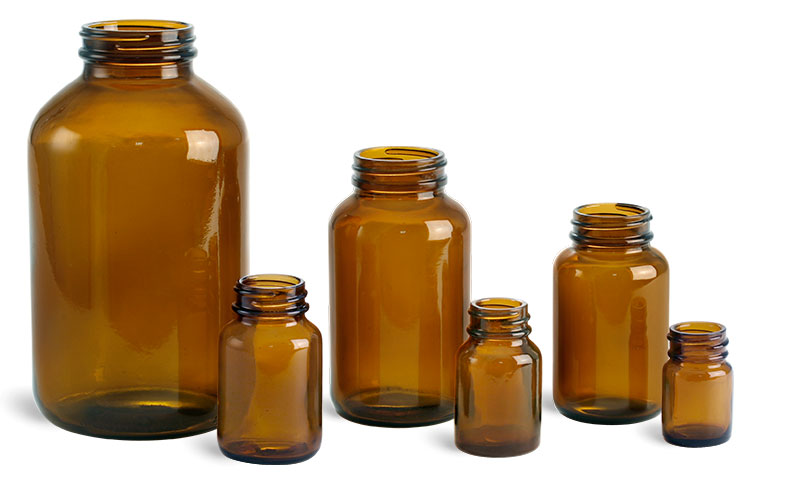 Amber Glass Pharmaceutical Round Bottles (Bulk), Caps NOT Included