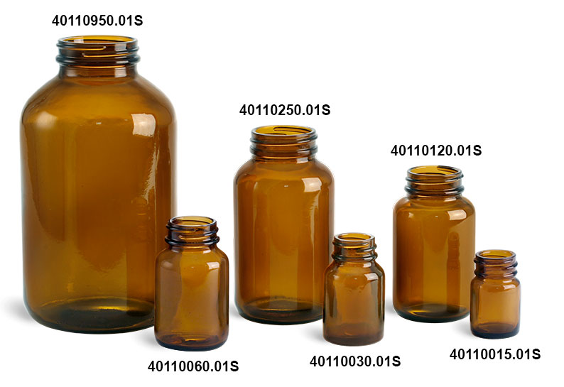 Amber Glass Pharmaceutical Round Bottles (Bulk), Caps NOT Included