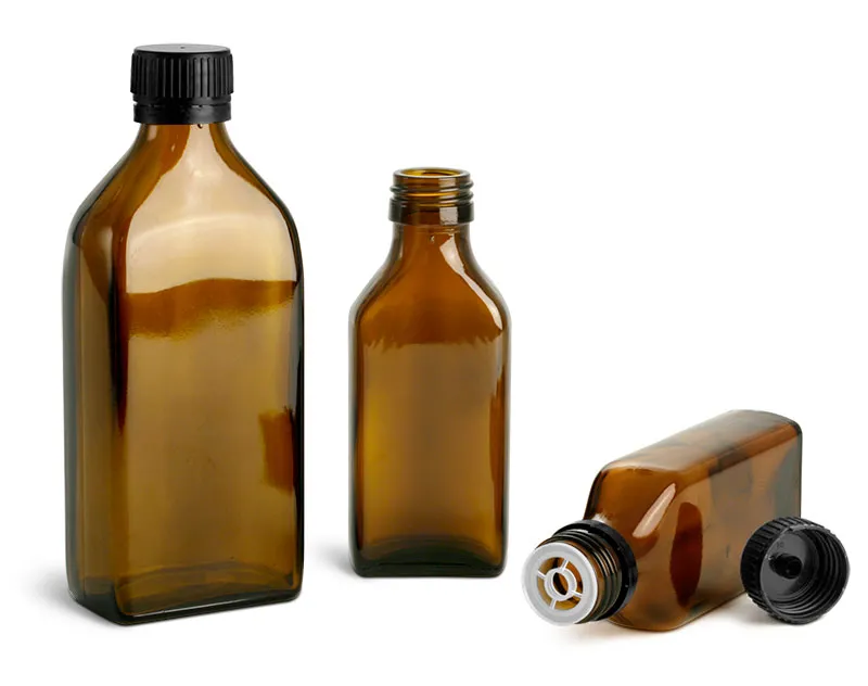 Amber  Oblong Flasks w/ Black PP Ribbed Closures & Tamper Evident Seals w/ Pouring Inserts
