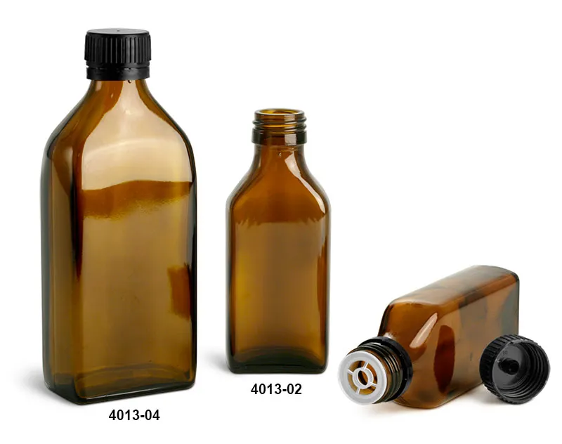 Glass Bottles, Amber Glass Oblong Flasks w/ Black PP Ribbed Closures &  Tamper Evident Seal w/ Pouring Insert