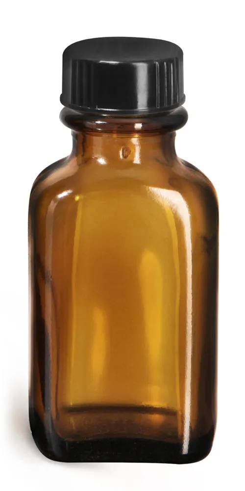 1 oz Glass Bottles, Amber Glass Blake Oval Bottles w/ Black Ribbed Phenolic Cone Lined Caps
