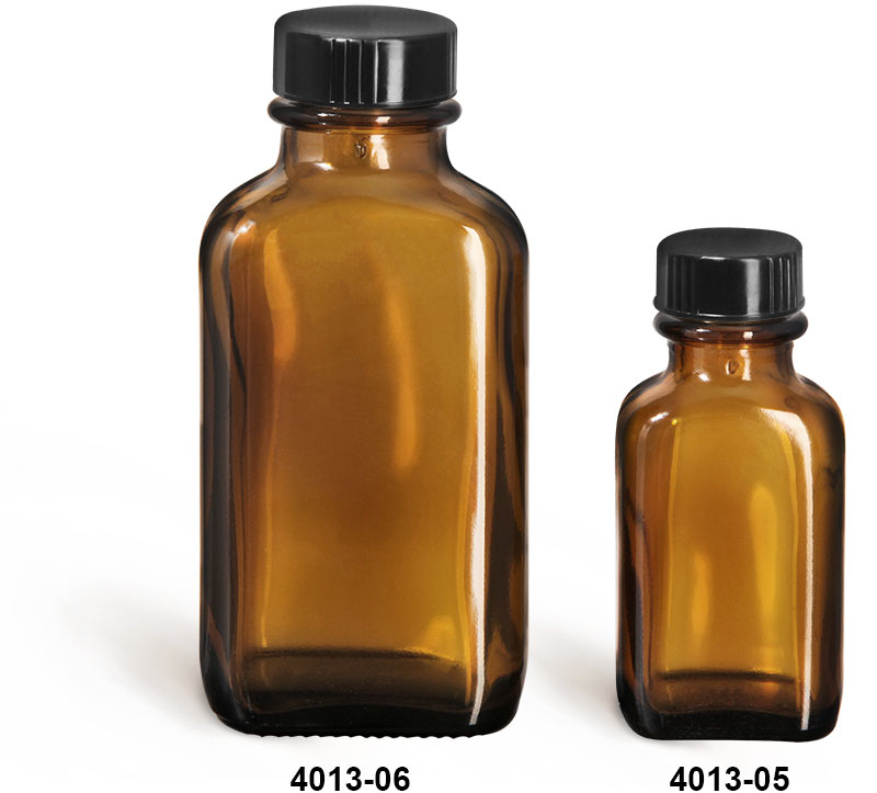 Glass Bottles, Amber Glass Oblong Bottles w/ Black Ribbed Phenolic Cone Lined Caps