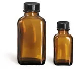 Amber Glass Bottles, Oblong Bottles w/ Black Ribbed Phenolic Cone Lined Caps