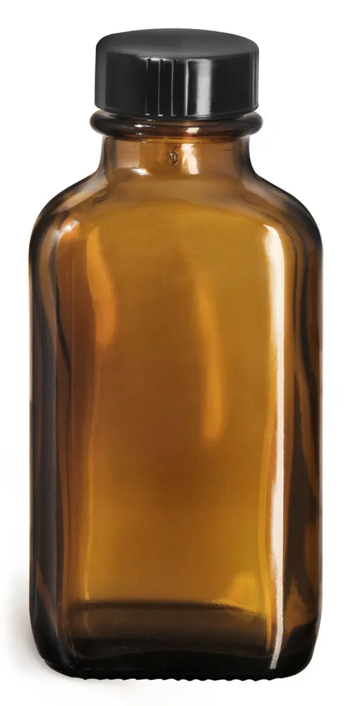 3 oz Glass Bottles, Amber Glass Blake Oval Bottles w/ Black Ribbed Phenolic Cone Lined Caps