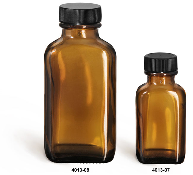 Glass Bottles, Amber Glass Oblong Bottles w/ Black Ribbed F217 Lined Caps