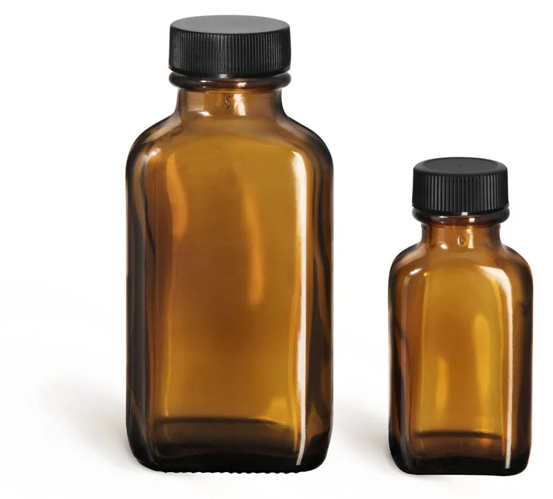 Amber Glass Bottles, Oblong Bottles w/ Black Ribbed PE Lined Caps